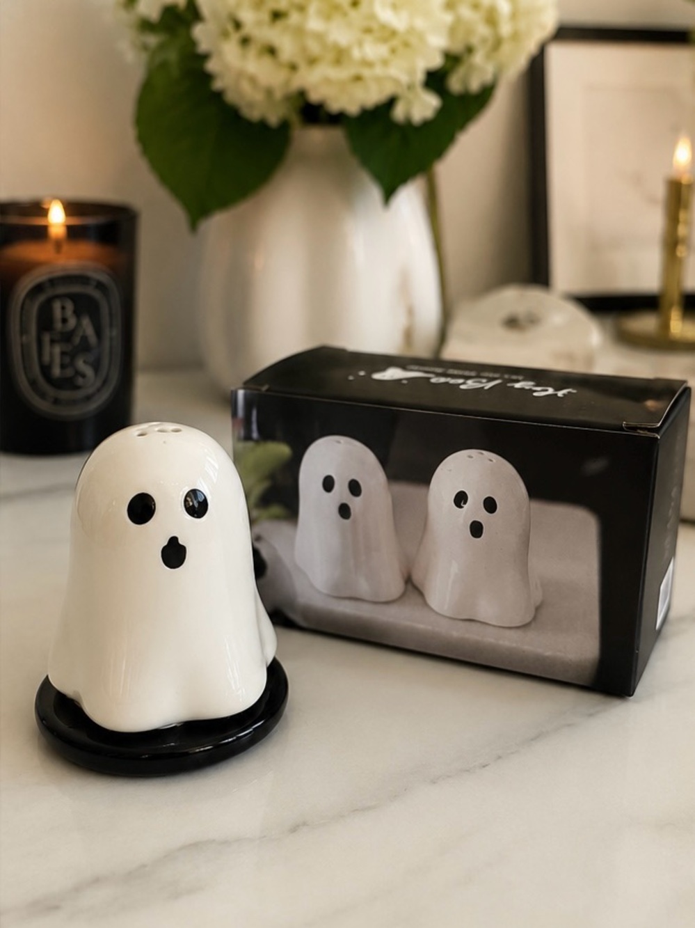 Ceramic Ghost Salt Shaker with Black Base - White & Black